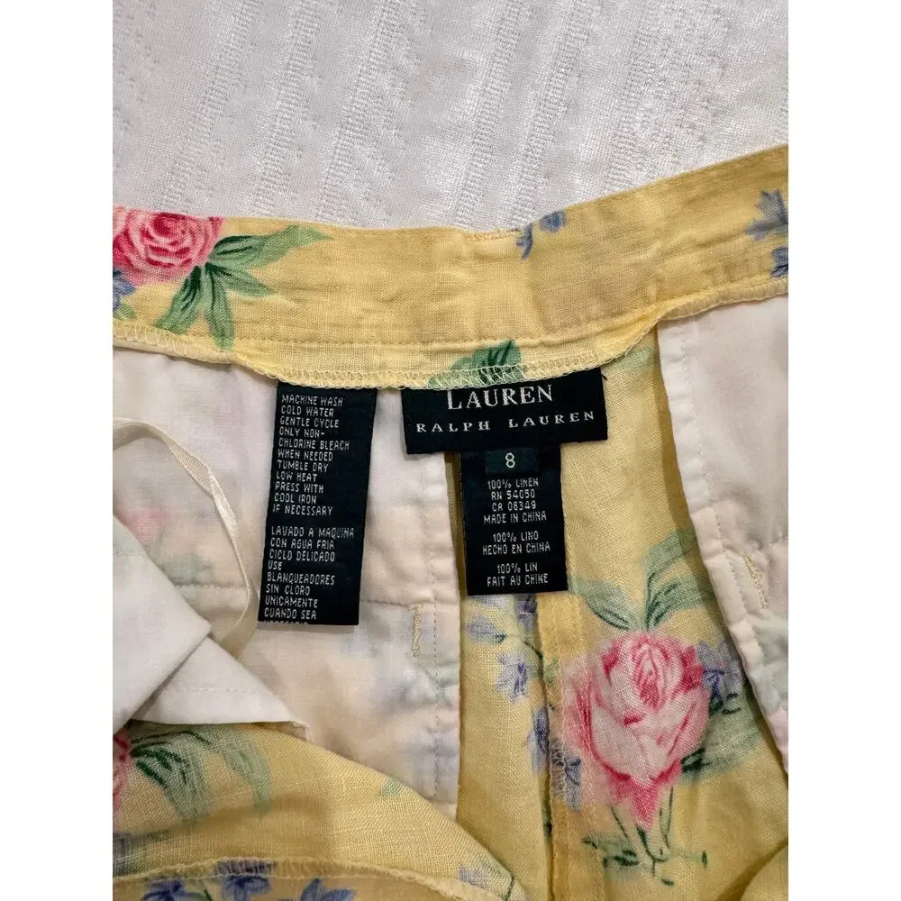 Lauren Ralph Lauren High Rise Shorts Yellow Floral Linen Women's ~24.5" Cottage - Picture 3 of 12
